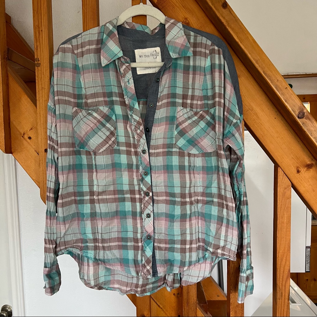 We The Free Plaid Raw Hem Button Down Shirt